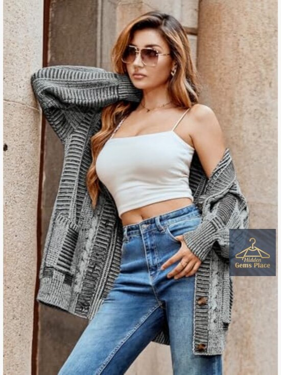 Oversized Cable Knit Cardigan Sweater Long Sleeve with Pockets - Picture 6 of 7